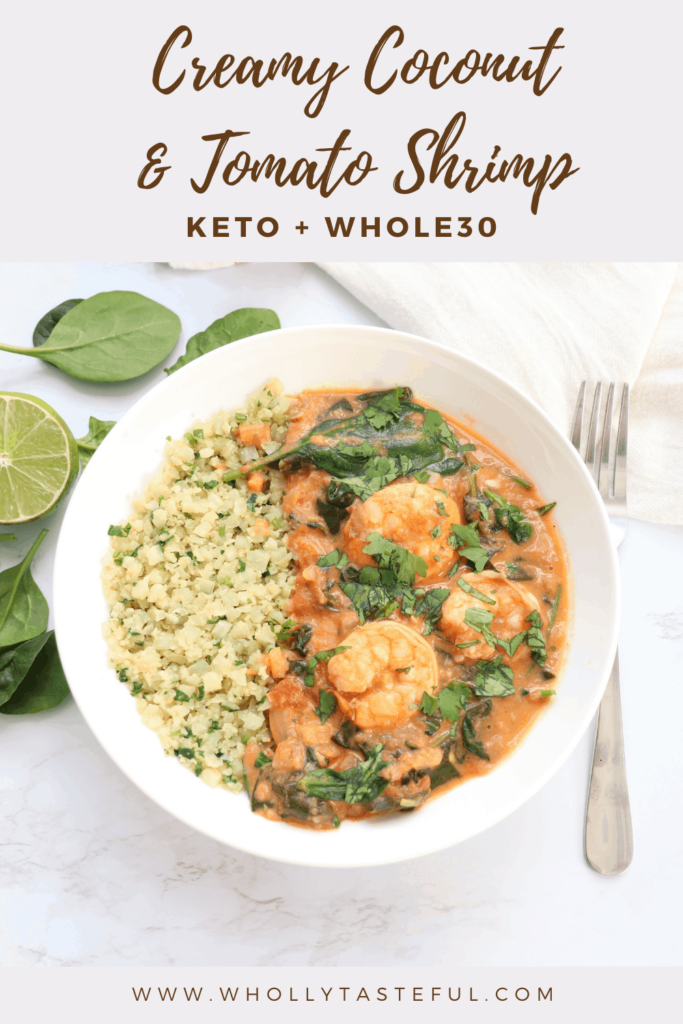a bowl of coconut tomato shrimp with cauliflower rice pinterest image.