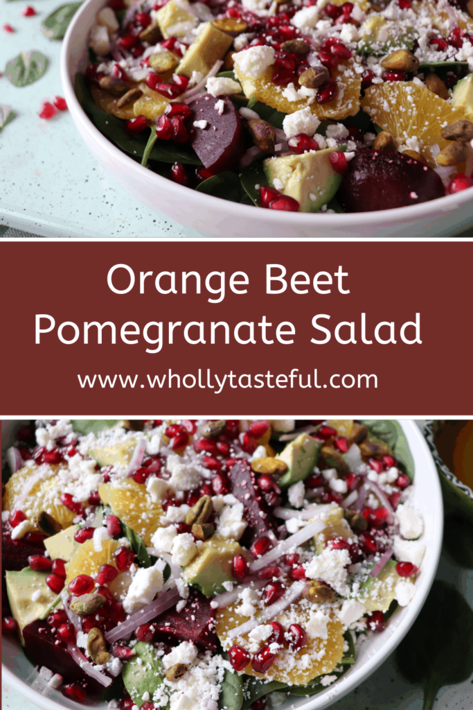 a split image of two bowls of beet, orange and pomegranate salad topped with feta