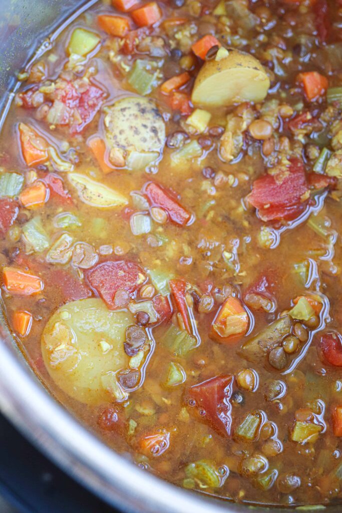 lentil potato soup cooked in Instant Pot.