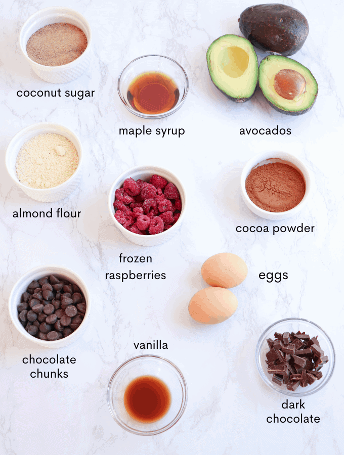 avocado brownies ingredients with captions.