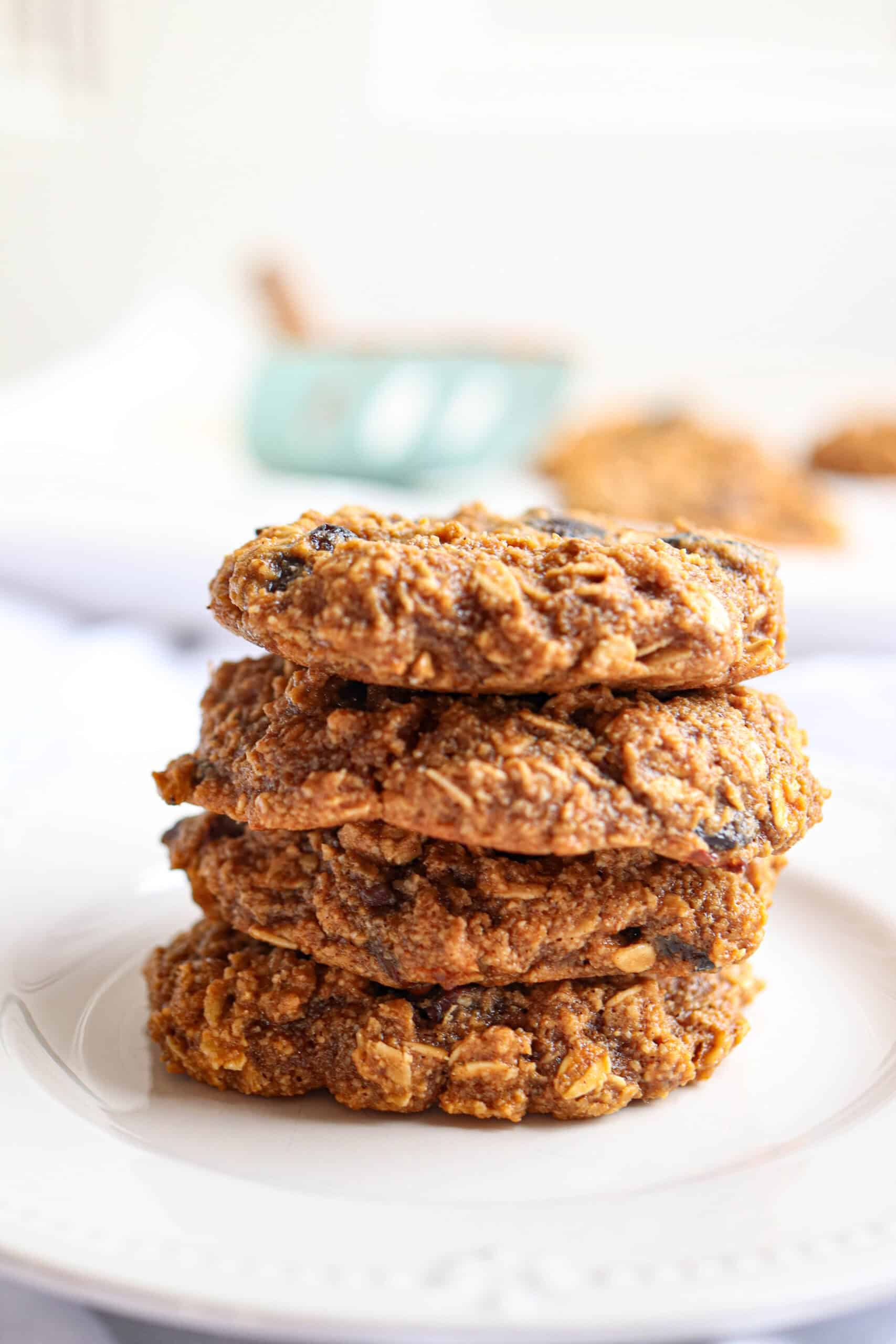 A stack of five cherry oatmeal cookies with raisins sits on a white plate. Golden-brown and textured, these cookies feature visible oats, raisins, and hints of cherries. The softly blurred background ensures the cookies remain the main focus.