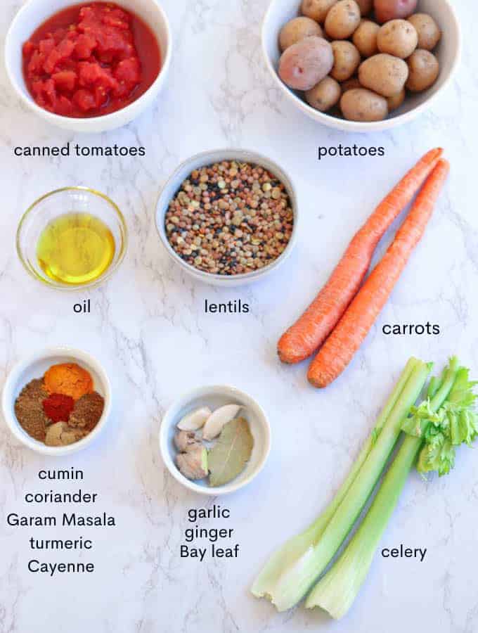 lentil soup ingredients on a counter with captions.