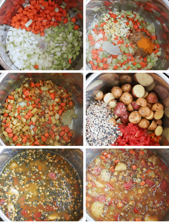 lentil soup making steps in Instant Pot.