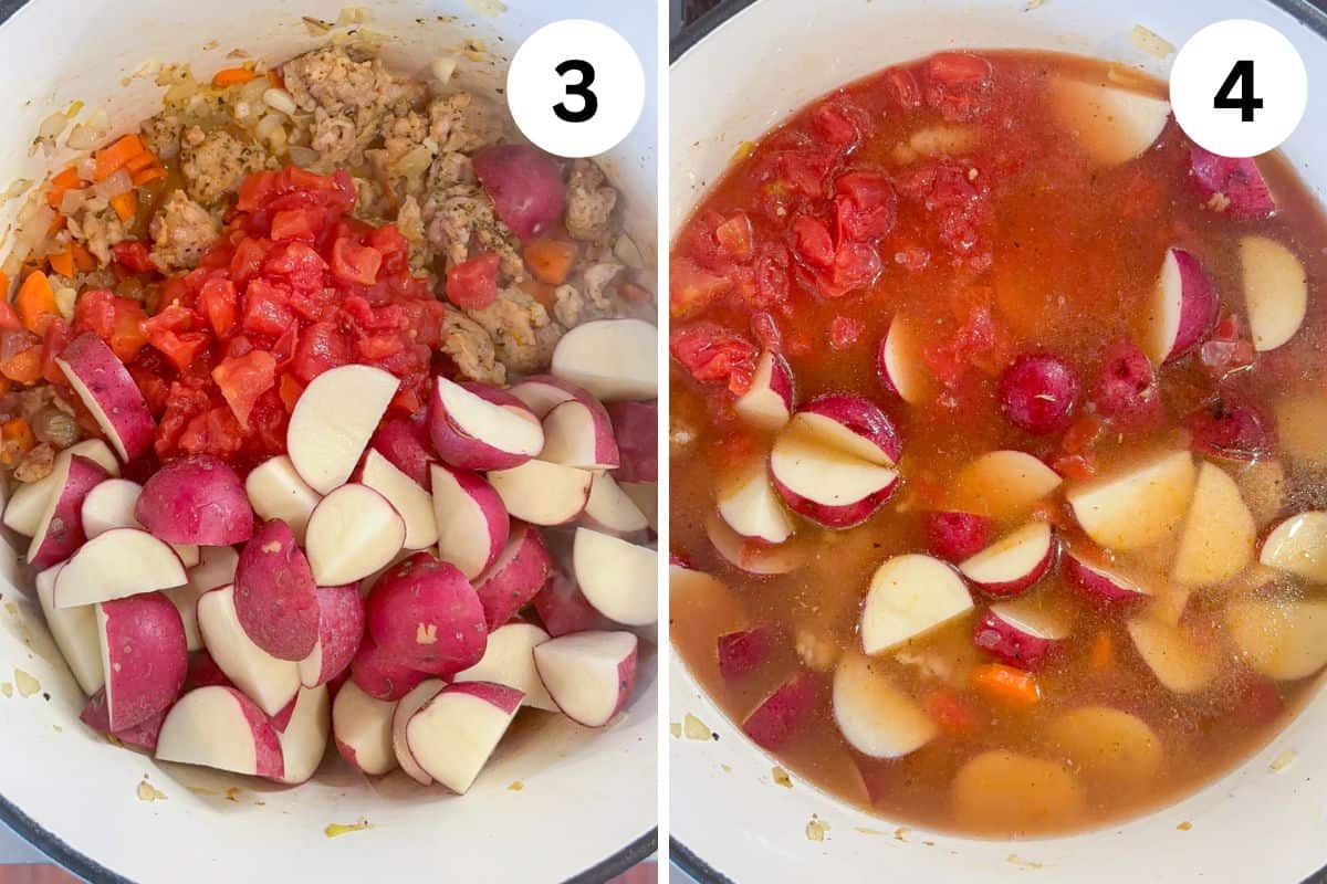 Side-by-side cooking steps: Left image (3) shows chopped potatoes, tomatoes, carrots, and ground meat in a pot. Right image (4) displays the same ingredients simmering into a creamy broth reminiscent of a hearty sausage kale soup. Numbers 3 and 4 are in white circles.