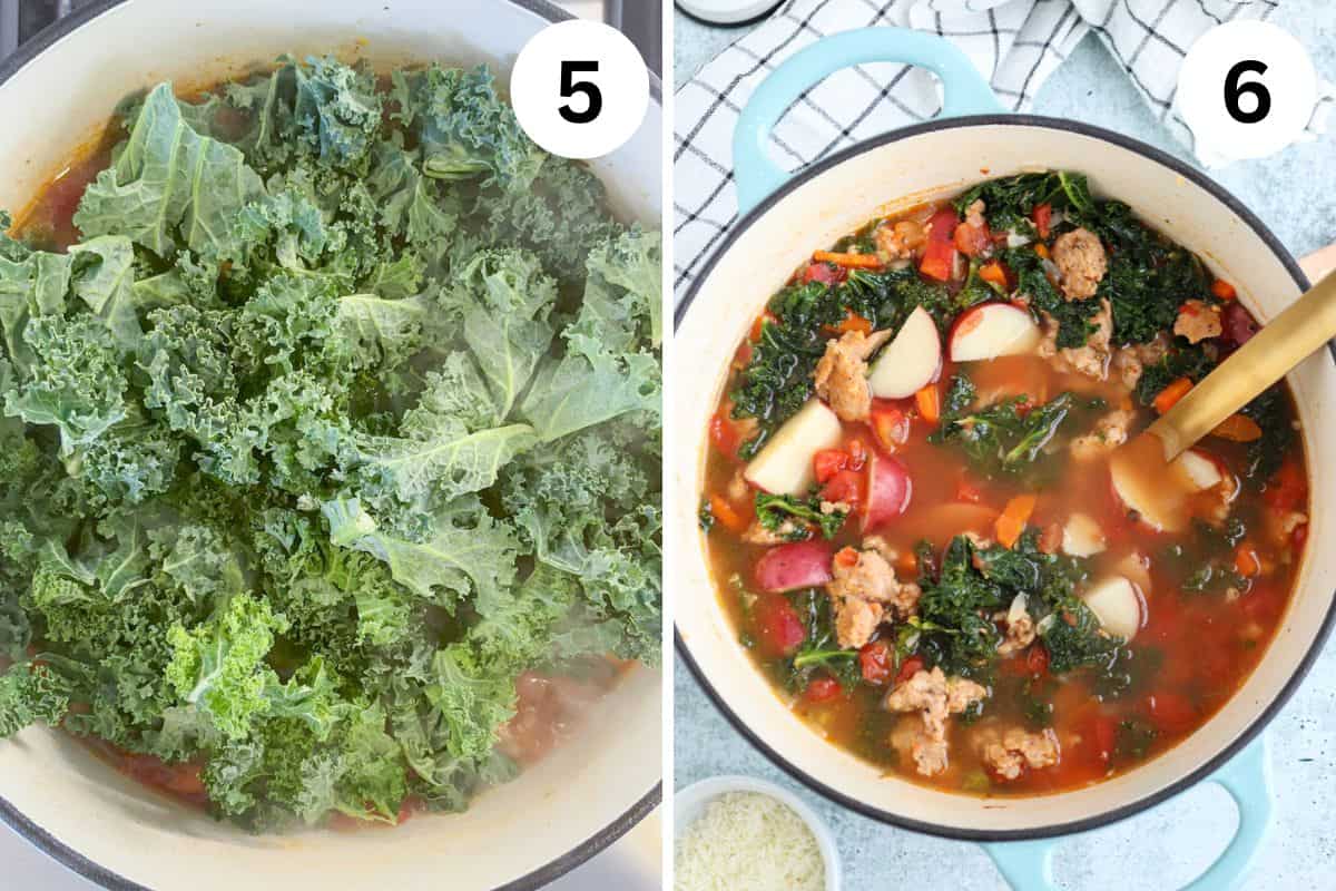 Two images side by side. Left: Chopped kale filling a pot, step 5. Right: Creamy Sausage Kale Soup with potatoes and tomatoes in a pot, step 6. A wooden spoon is in the pot, with a checkered towel nearby.