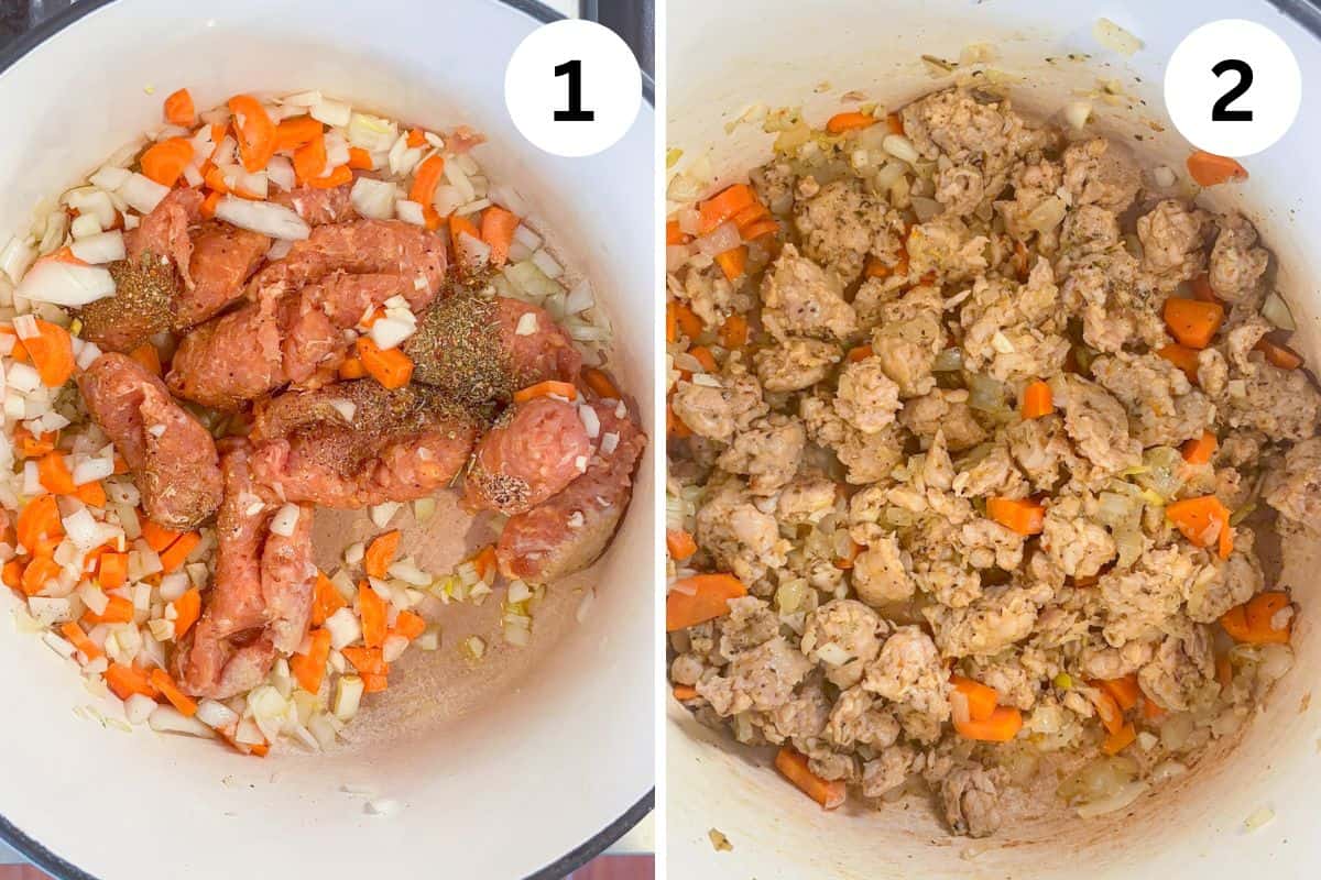Two images side by side depict the steps for a creamy sausage kale soup in a white pot. Image 1: Raw Italian sausage, onions, and carrots with spices. Image 2: Cooked sausage pieces mixed with softened onions and carrots, ready for the kale to create a comforting soup.