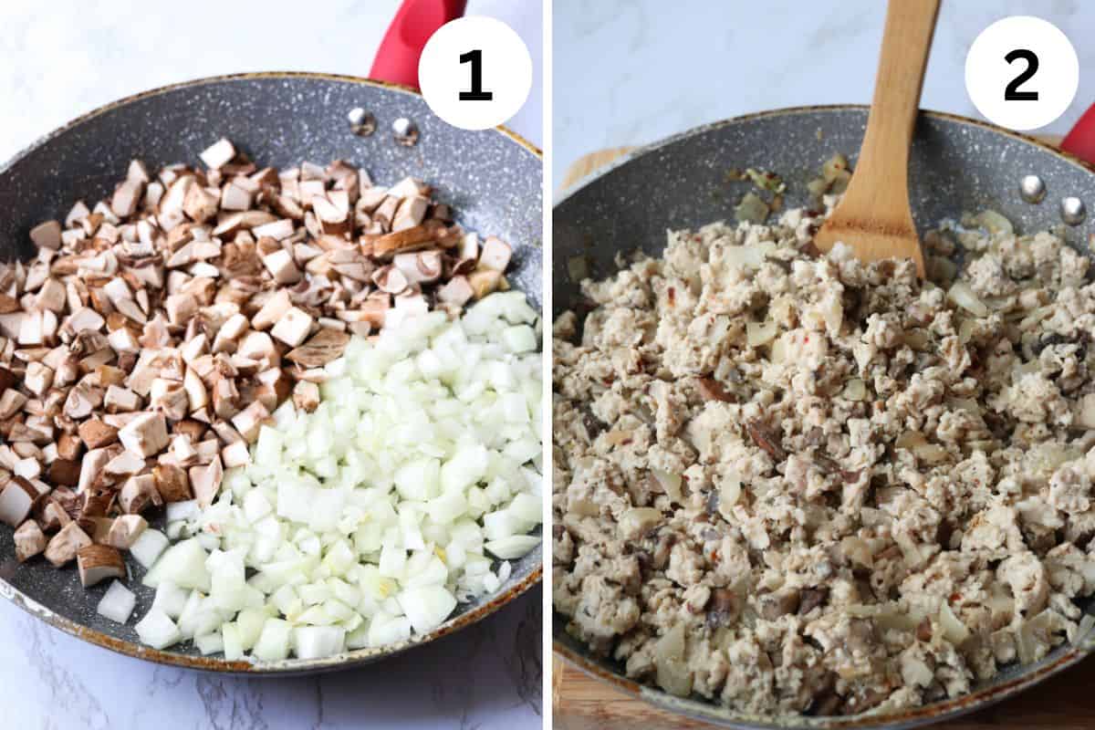 Two side-by-side images of a skillet with a red handle. Image one shows diced mushrooms, onions, and zucchini boats. Image two features the cooked mixture with crumbled tofu, blended well with a wooden spoon. Ideal for any chicken lover looking for a veggie twist!.