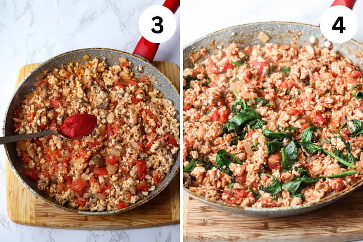 Side-by-side images of a skillet with a ground meat mixture. Left: a spoon adding tomato paste to chicken, diced tomatoes, and zucchini. Right: cooked ground meat with tomatoes and fresh spinach mixed in. Each image is numbered, perfect for filling zucchini boats.