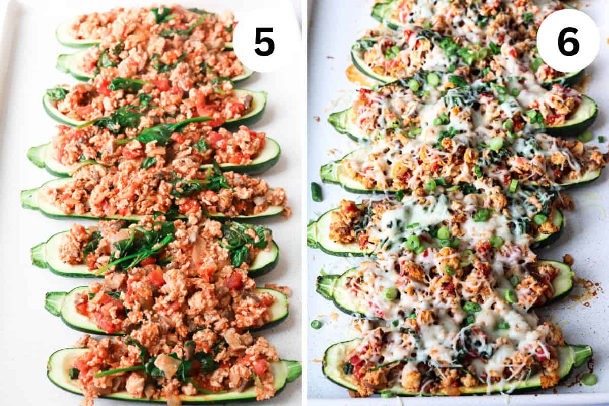 Two images of zucchini boats: on the left, zucchini halves filled with a savory blend of ground chicken, tomatoes, and spinach. On the right, the same boats baked to perfection, crowned with melted cheese and vibrant peas.