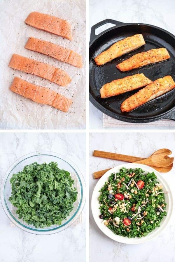 steps of making seared salmon and kale salad