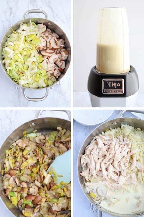 four steps of making creamy chicken and mushrooms cauliflower rice casserole 