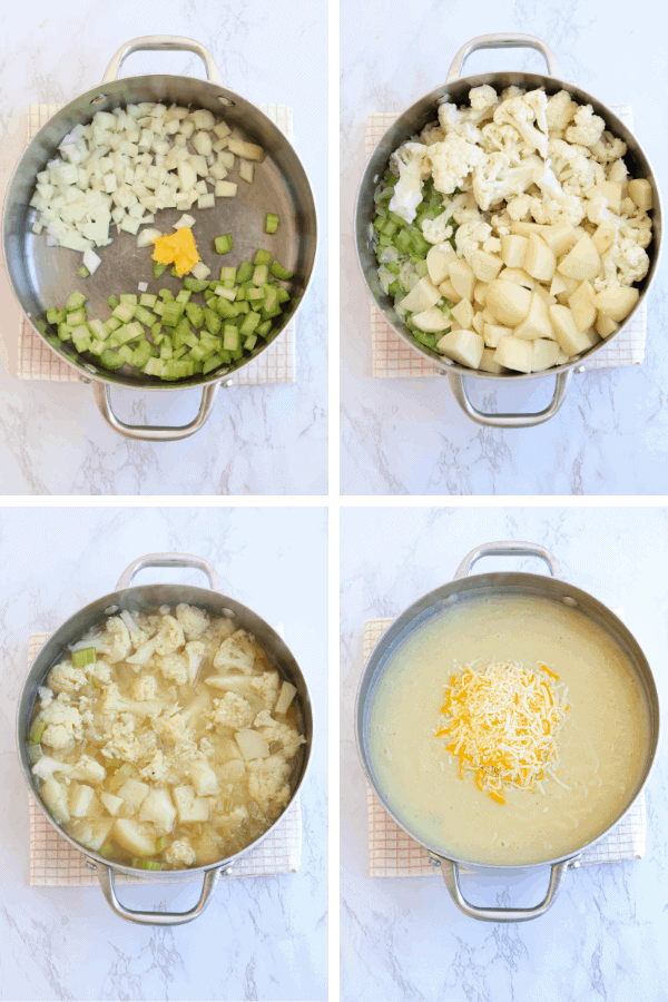 4 steps of making healthy loaded potato cauliflower soup