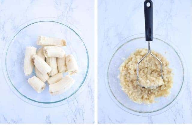 mashing banana in a glass bowl before and after.