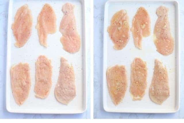 side by side photos of thin sliced chicken breast with and without melted butter and garlic on a white baking sheet.