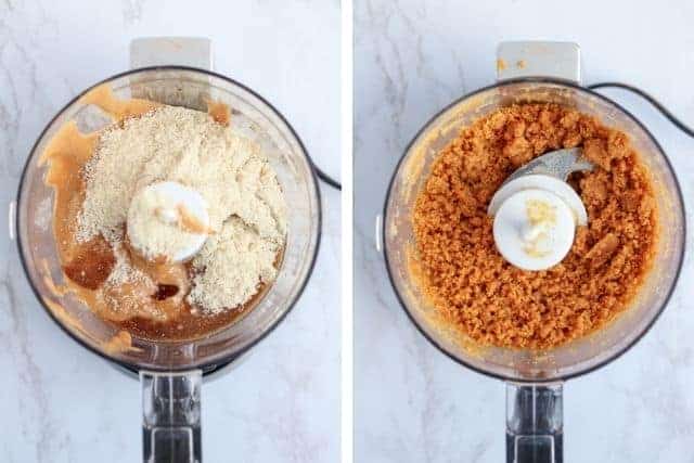 two steps of making peanut butter dough in a small food processor