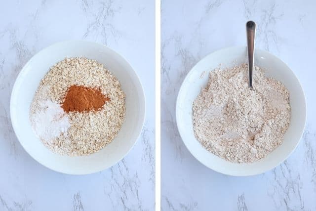 mixing dry ingredients for making banana bread before and after.