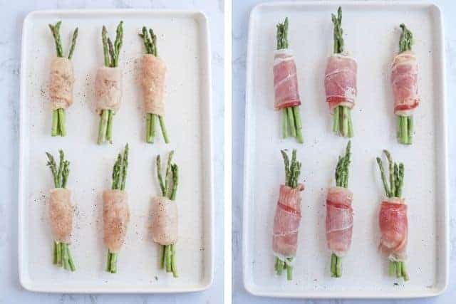 side by side photos of asparagus stuffed chicken with and without prosciutto wrapping.