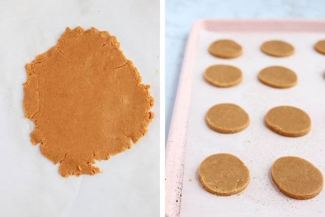 peanut butter dough rolled out and egg shapes on a baking sheet