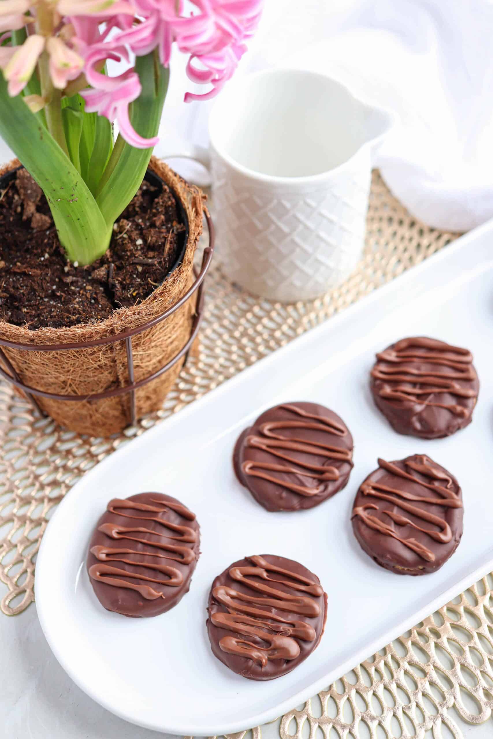 peanut butter eggs dipped in chocolate on a white elongated plate with pink potted hiacynth and a white cream cup behind