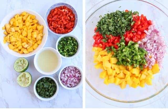 2 steps of making fresh mango salsa side by side