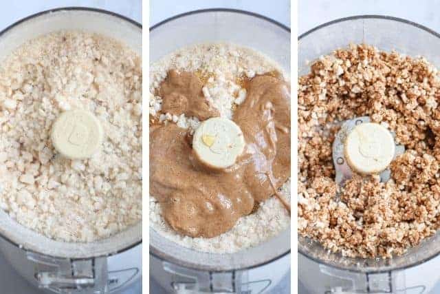 three steps of making almond butter rice cups with chocolate
