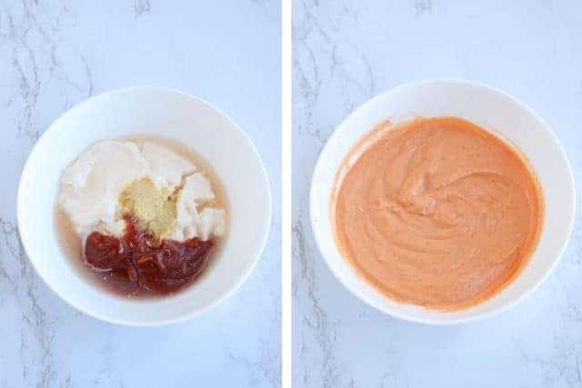 2 pictures side by side of making mayo sriracha sauce