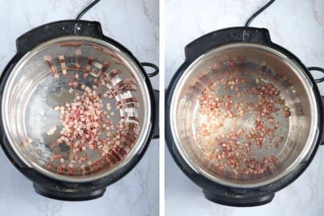 side by side photos of cooking pancetta in an Instant Pot
