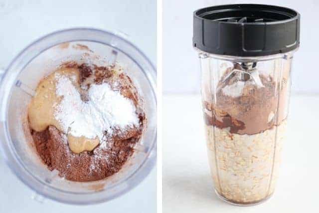 side by side photos of a blender mug with oats, cocoa powder, milk, peanut butter and baking powder before blending.