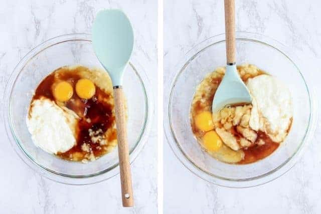 steps for making banana strawberry oat muffins. 