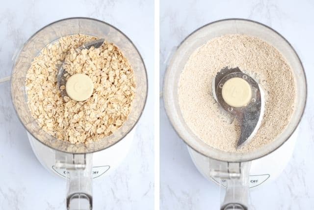 rolled oats and oat flour in food processor, side by side photos