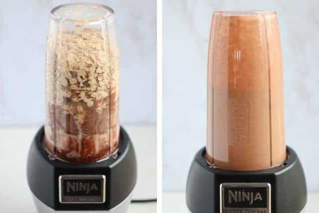 two side by side photos of a blender with peanut butter chocolate baked oats before and after blending.