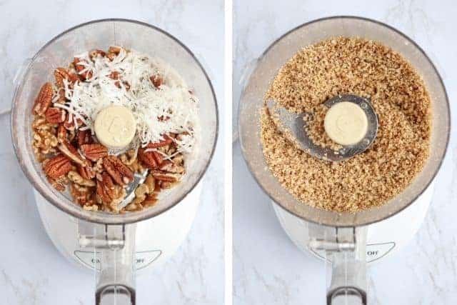 side by side pictures of nuts and coconut before and after processing in a food processor