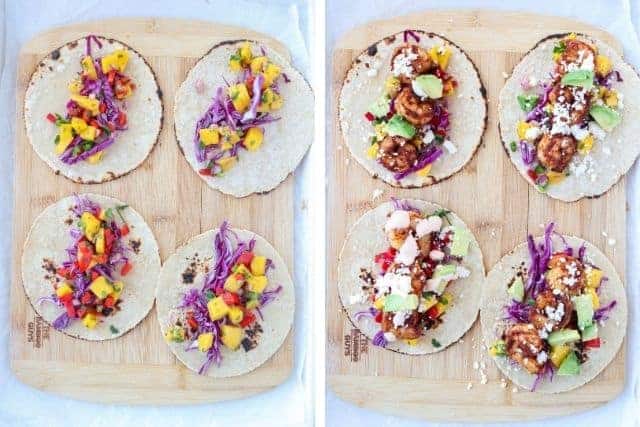 4 shrimp tacos being assembled on a wooden board, 2 side by side photos