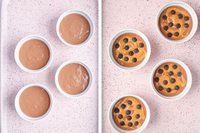 side by side photos of four white ramekins with blended baked oats batter on a pink background. 