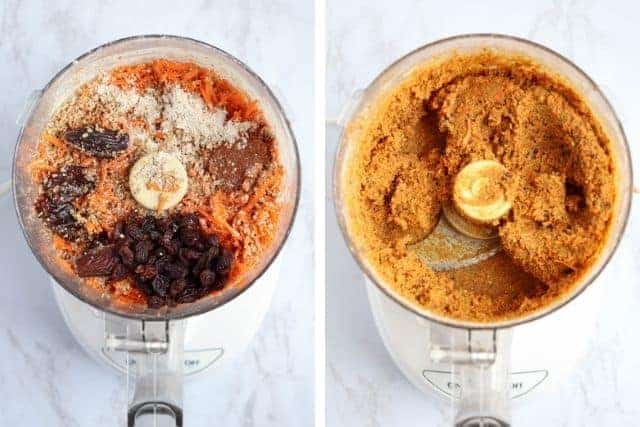 before and after side by side photos of carrot cake bar ingredients and dough