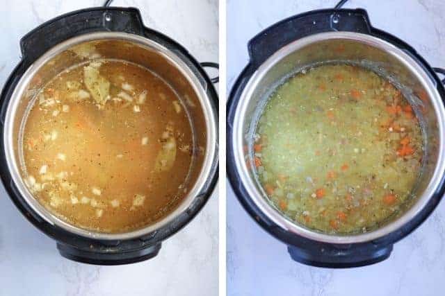 final stages of making Instant Pot split pea and ham soup, side by side photos