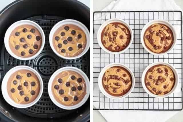 four white ramekins with peanut butter chocolate baked oats before baking in the black air fryer and after baking cooling on a black rack.