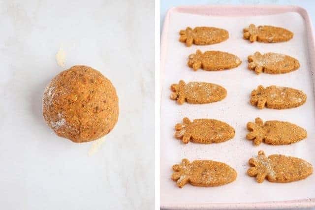 carrot cake dough ball and carrot shaped bars on white background, side by side photos