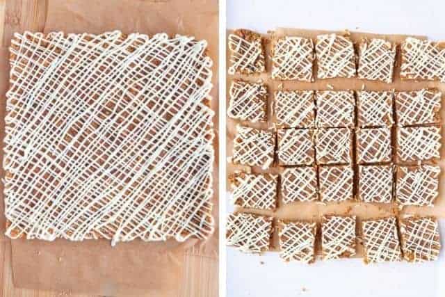 side by side photos of carrot cake bars with white chocolate drizzle before and after cutting into squares