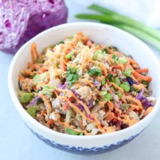A bowl filled with a colorful, inside out Egg roll-inspired coleslaw featuring shredded red cabbage, carrots, green onions, and chopped herbs. A halved cabbage and green onions are in the background.