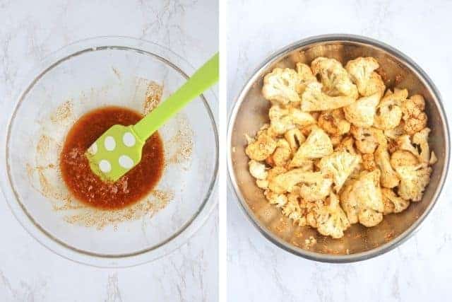 mixing cauliflower with marinade in a bowl.