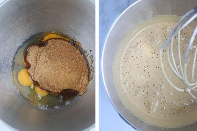 eggs and coconut sugar before and after beating in a KitchenAid bowl, two photos side by side