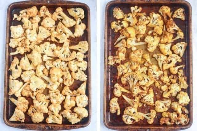 roasting cauliflower shawarma on a baking tray in two steps.