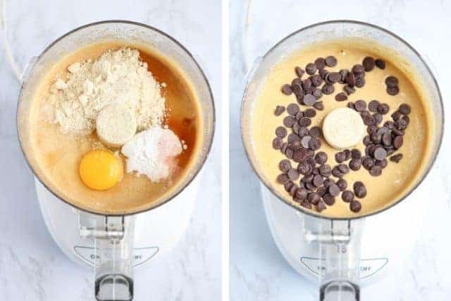 2 side by side photos of chickpea blondie batter before and after adding chocolate chips in the food processor.