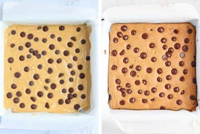 2 side by side photos of chickpea blondies before and after baking.