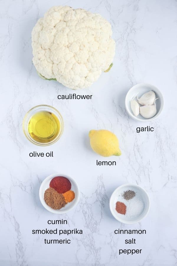 ingredients for making cauliflower shawarma bowls with captions.
