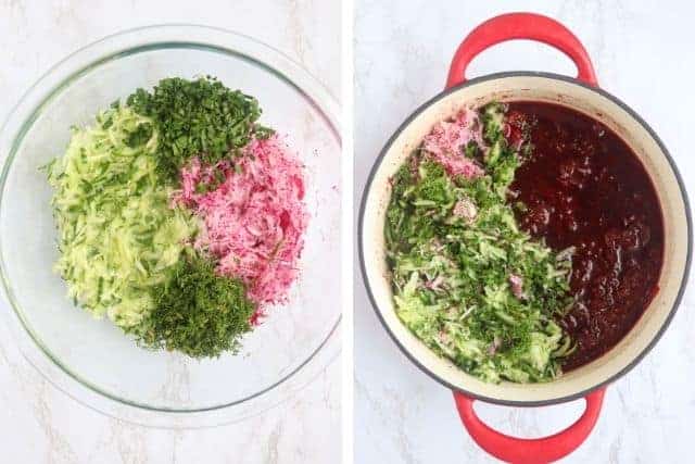 steps for making Polish cold beet soup.
