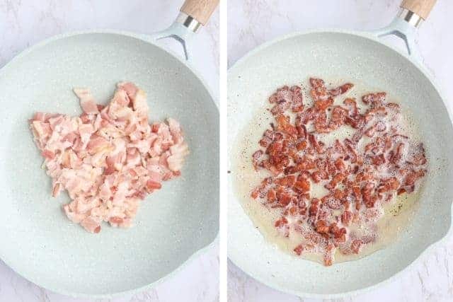 cooking bacon bits in a teal skillet.