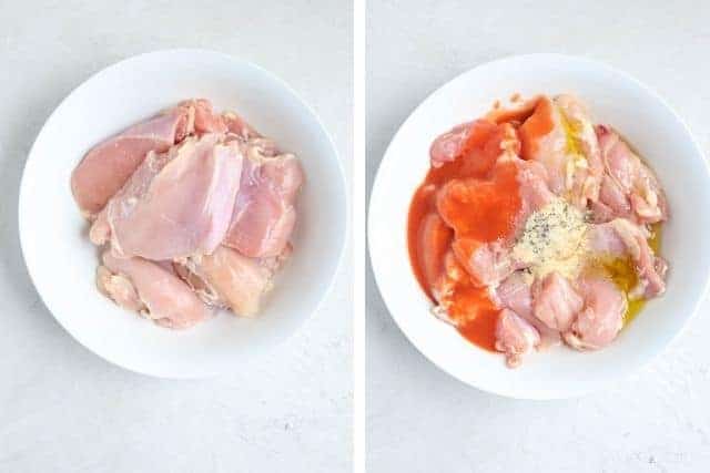 a white bowl with buffalo chicken thighs before and after marinading
