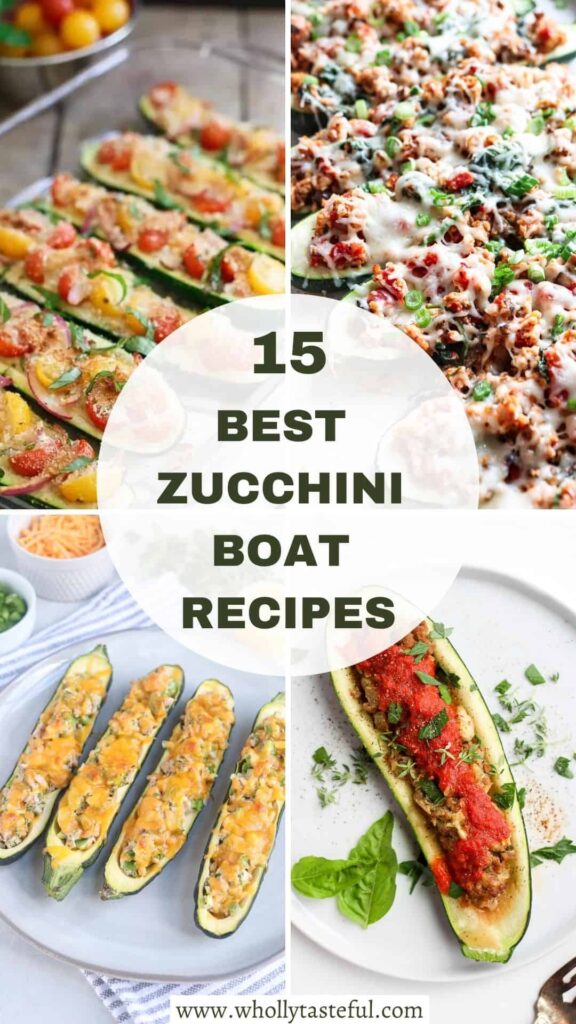 a collage of four photos of stuffed zucchini boats with overlay text saying "15 best Zucchini Boar Recipes".